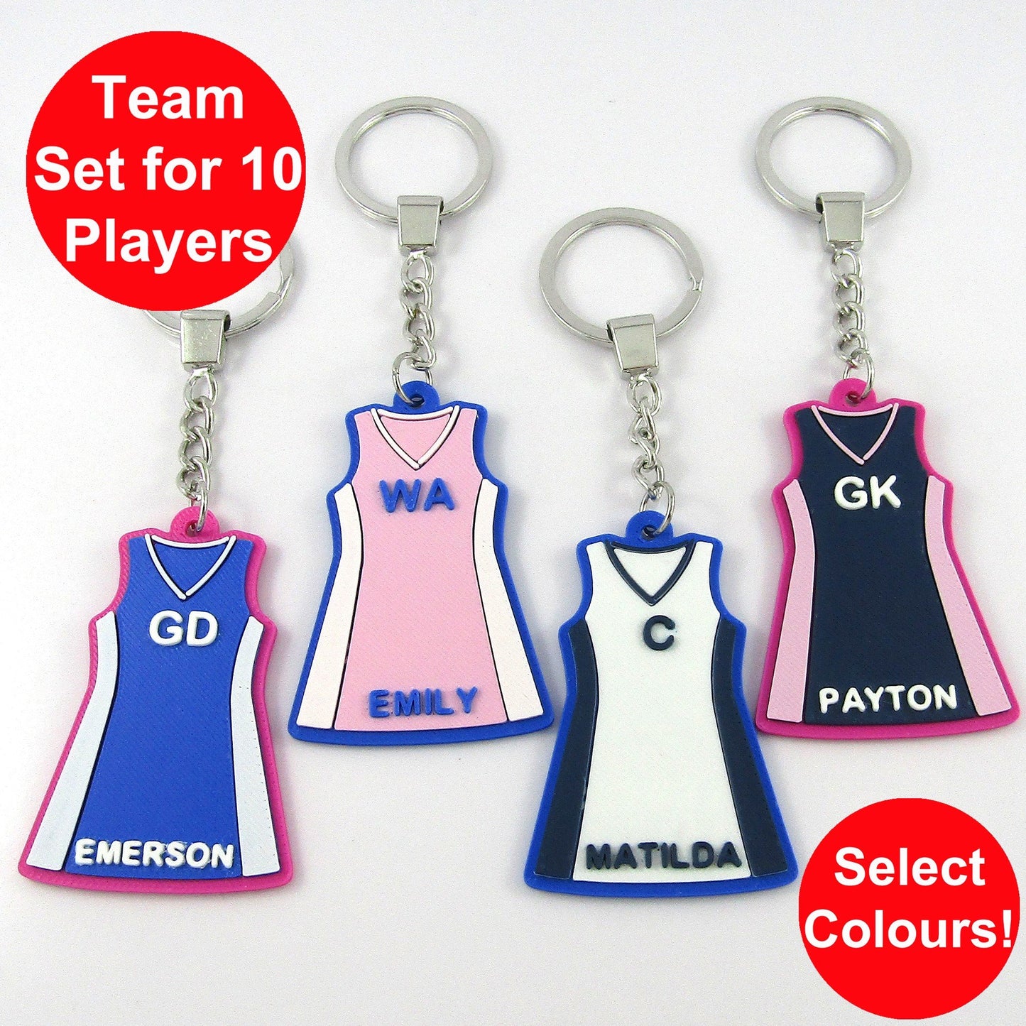Team Set of 10 Deluxe 4 colour Personalised Netball Jersey Dress Keychain