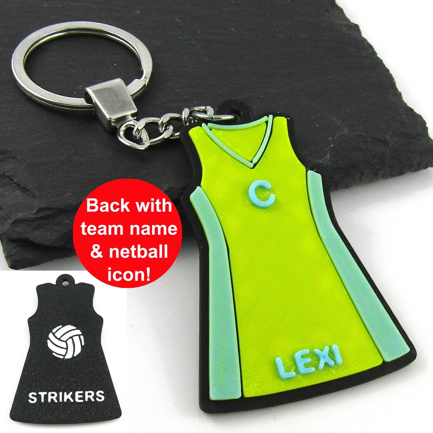Team Set of 10 Deluxe 4 colour Personalised Netball Jersey Dress Keychain