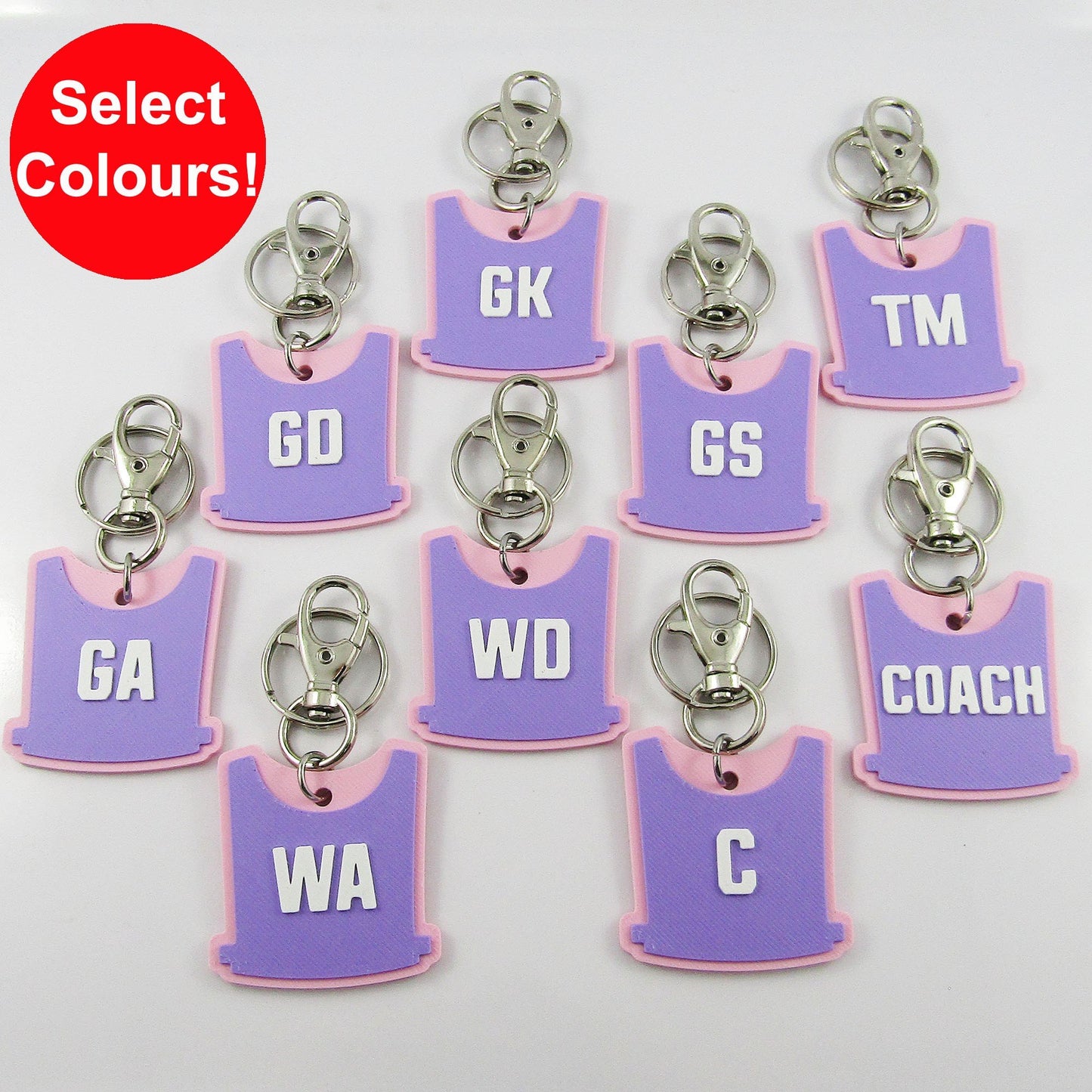 Deluxe Netball Bib keychain bagtag gift with your choice of colours and position