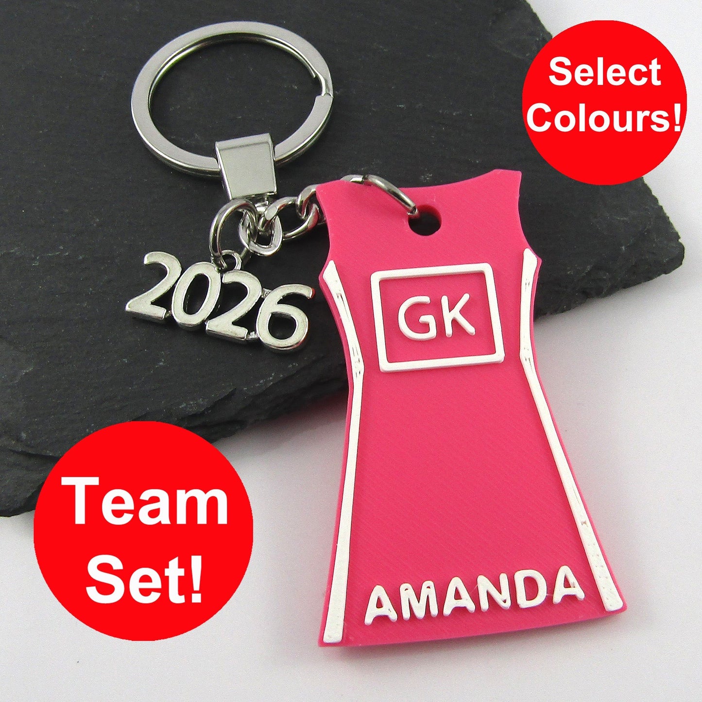 2026 Team Set of 10 Netball Jersey Dress Keychain pick Colour Name and Position