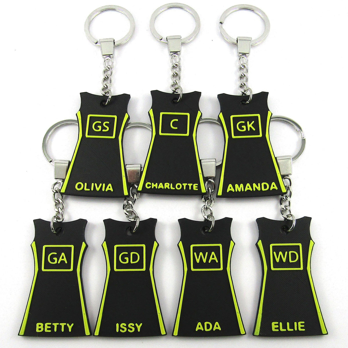 Team Set of Netball Jersey Dress Keychains select Colours Name Position and Team