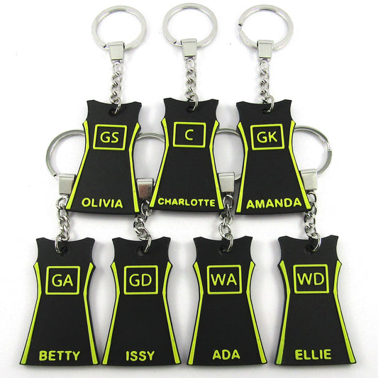 Team Set of Netball Jersey Dress Keychains select Colours Name Position and Team