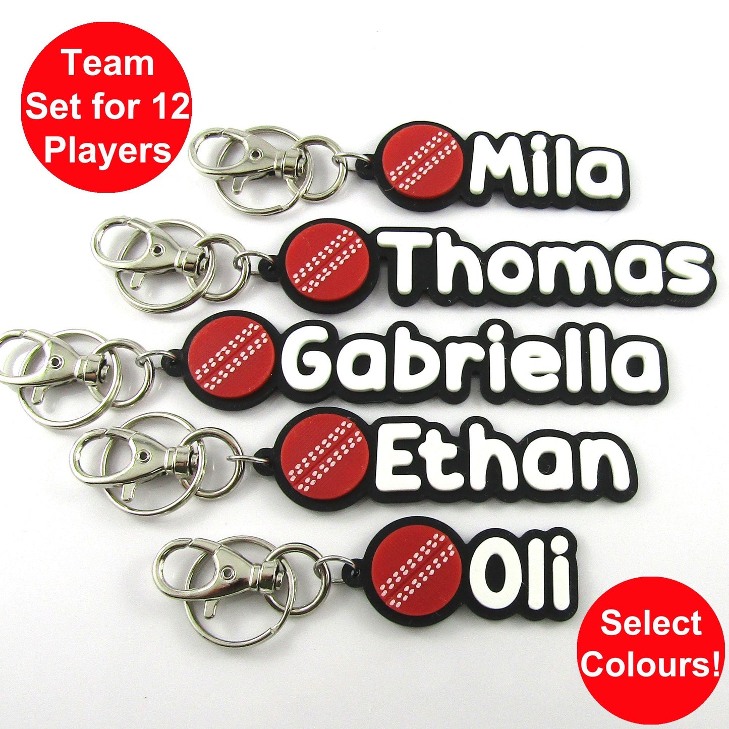 Team Set of 12 Personalised Cricket Name Keychain Custom Colours