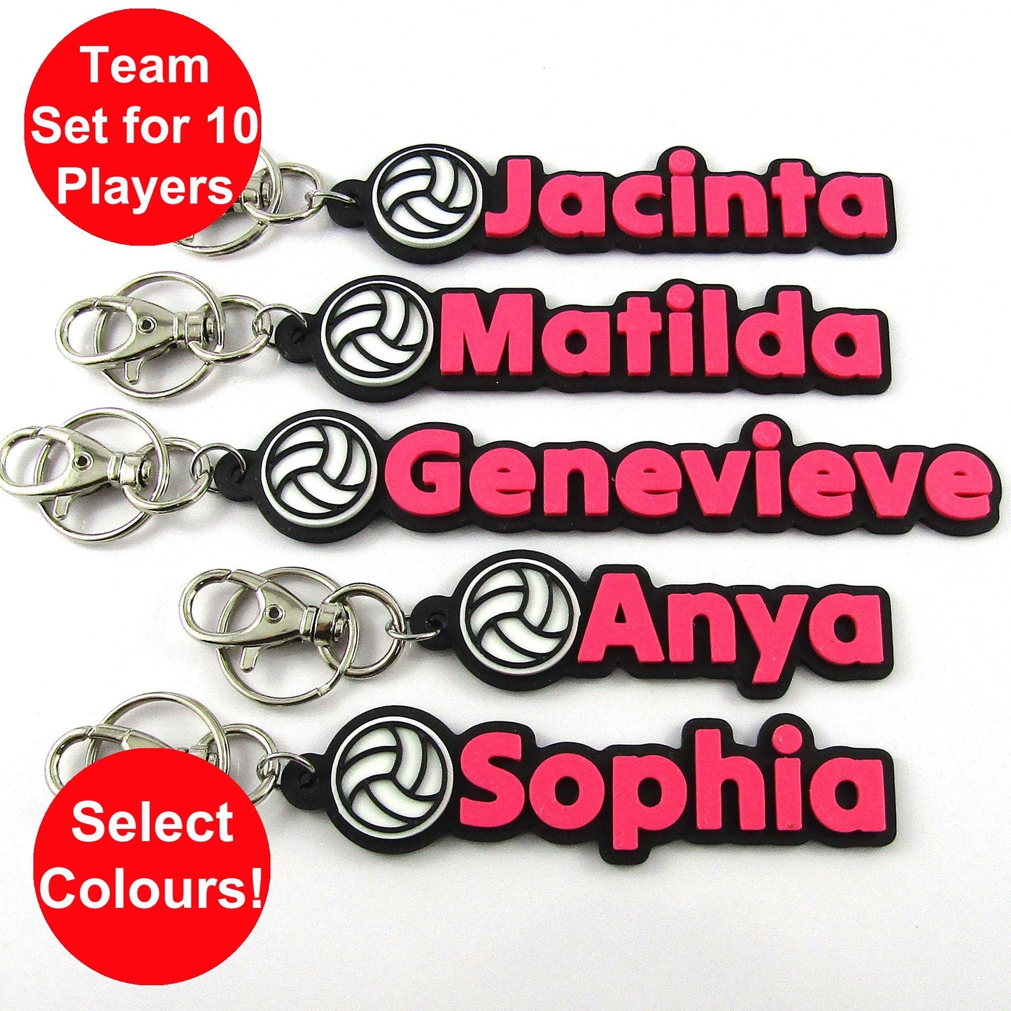Set of 10 Personalised Coloured Netball Name Keychains