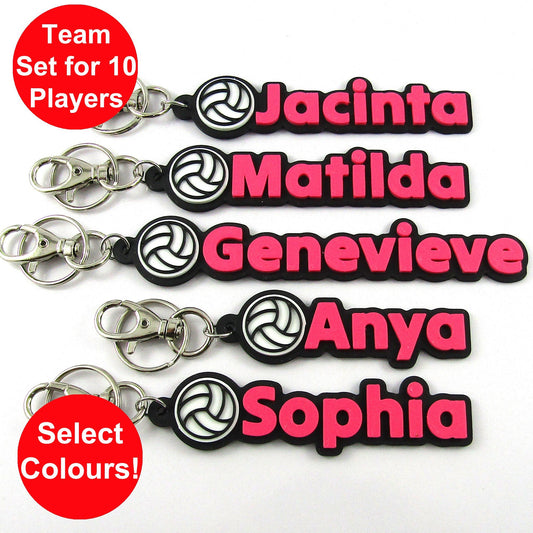 Set of 10 Personalised Coloured Netball Name Keychains