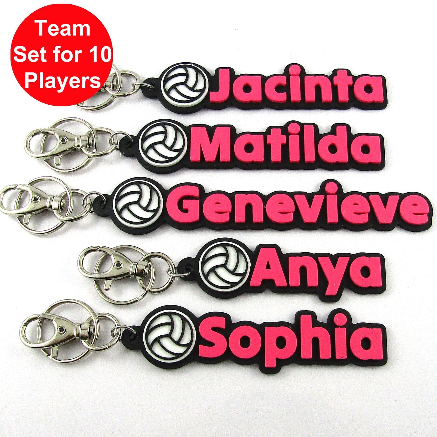 Set of 10 Personalised Coloured Netball Name Keychains