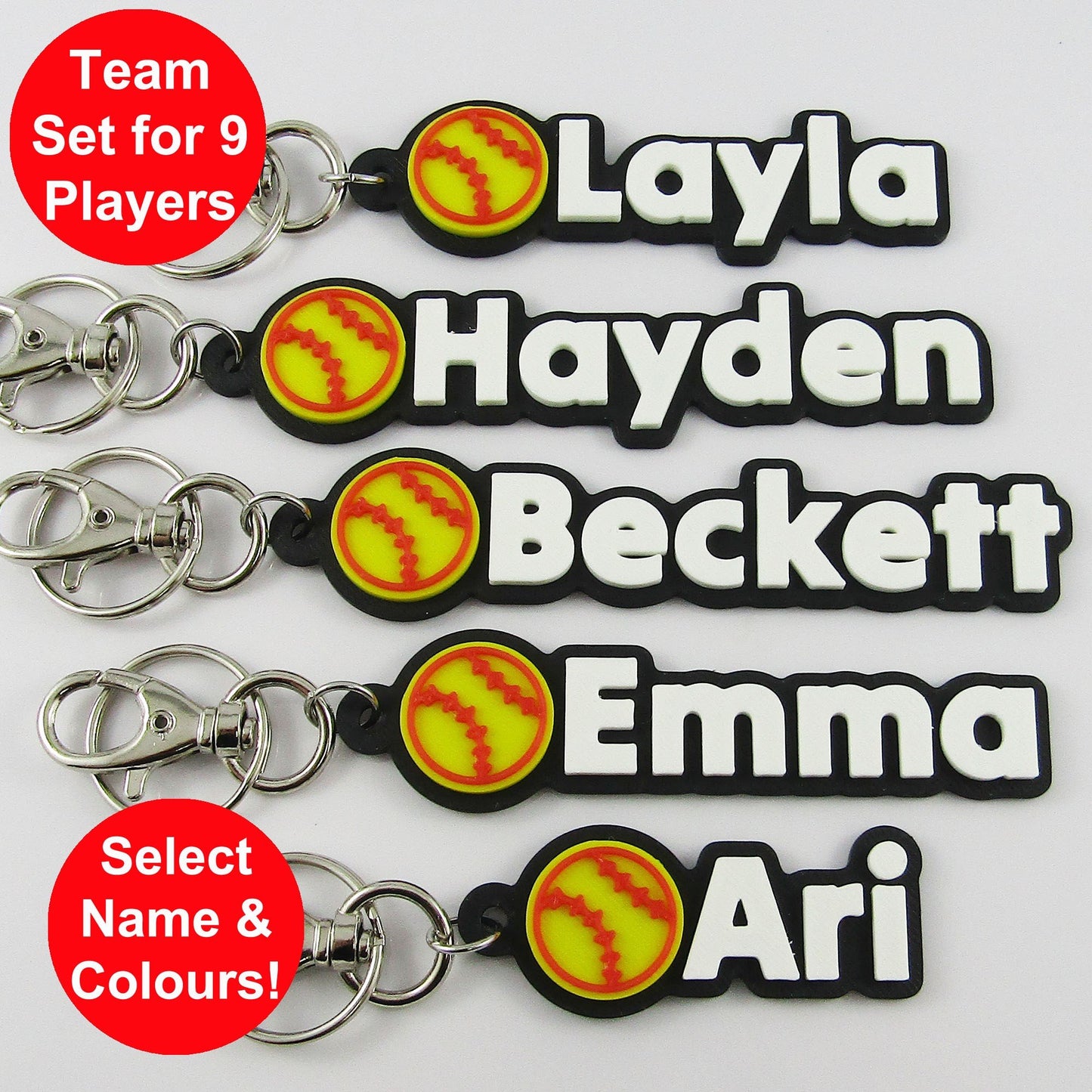 Team Set of 9 Personalised Softball Name Keychains