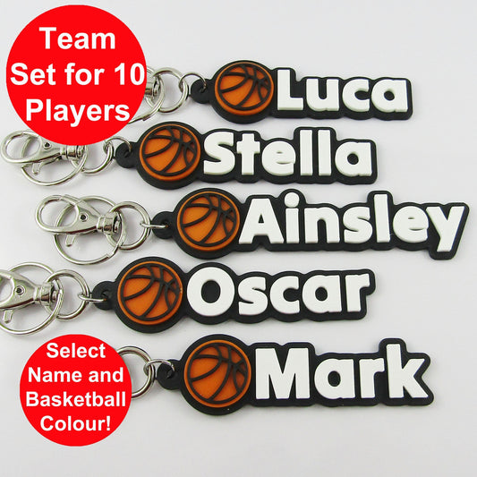 Set of 10 Personalised Coloured Basketball Name Keychains