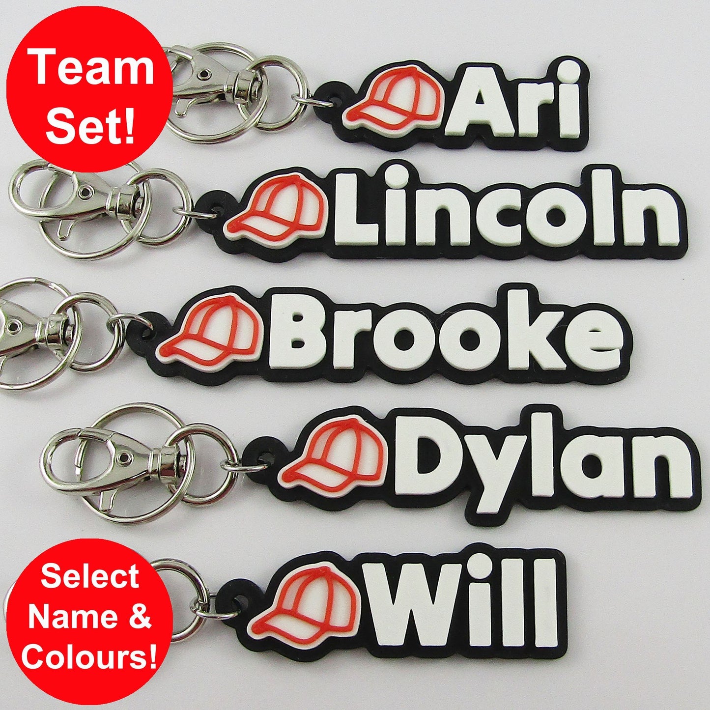 Team Set of 10 Personalised Baseball Cap Name Keychains