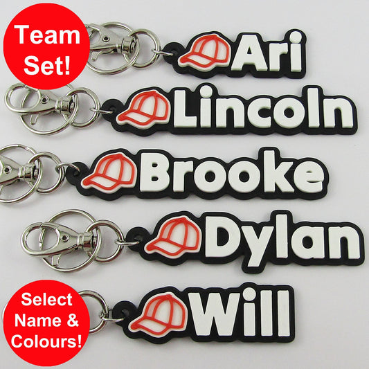 Team Set of 10 Personalised Baseball Cap Name Keychains