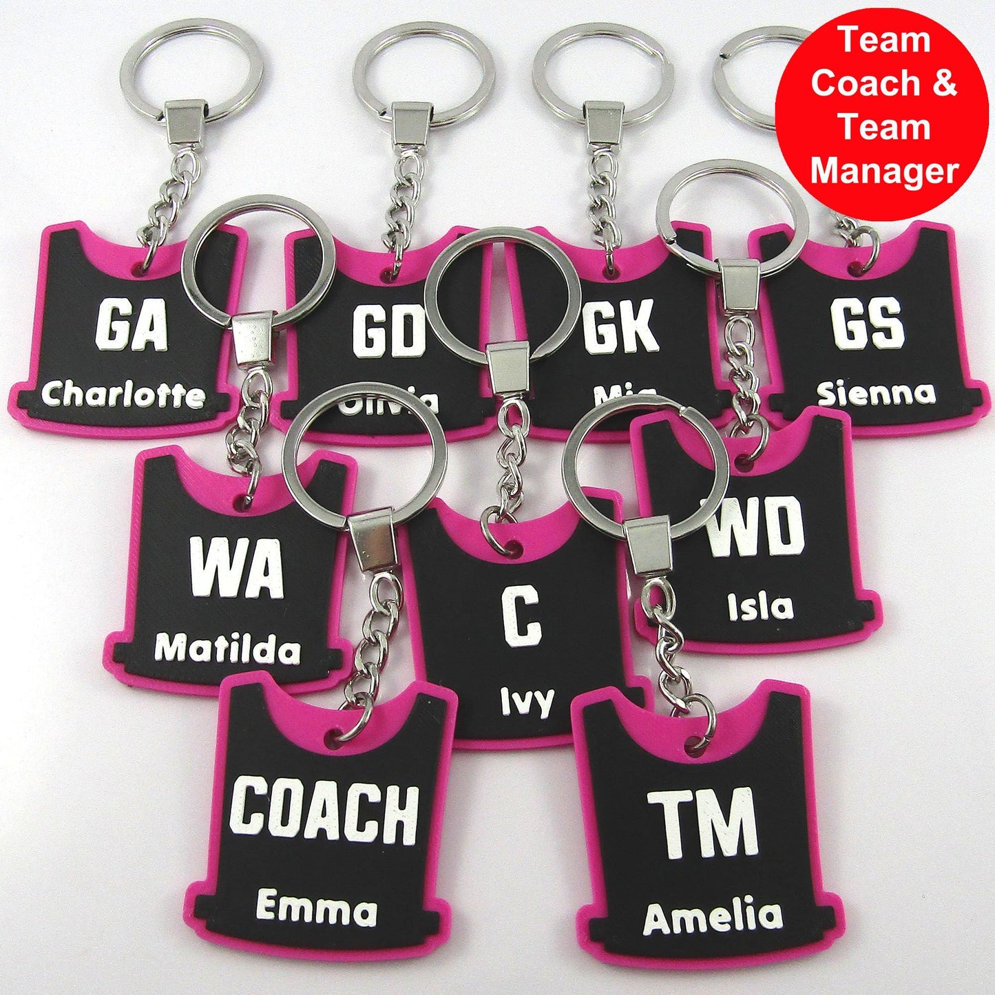 Netball Bib keychain bagtag gift with name and position and choice of colours