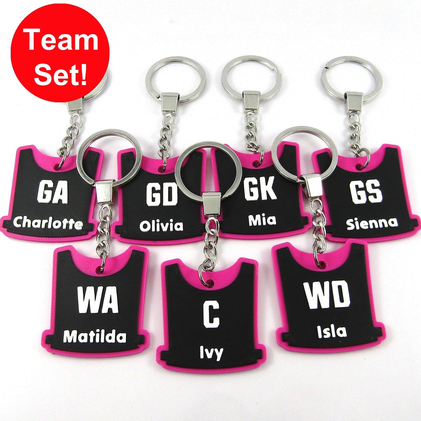 Netball Bib keychain bagtag gift with name and position and choice of colours
