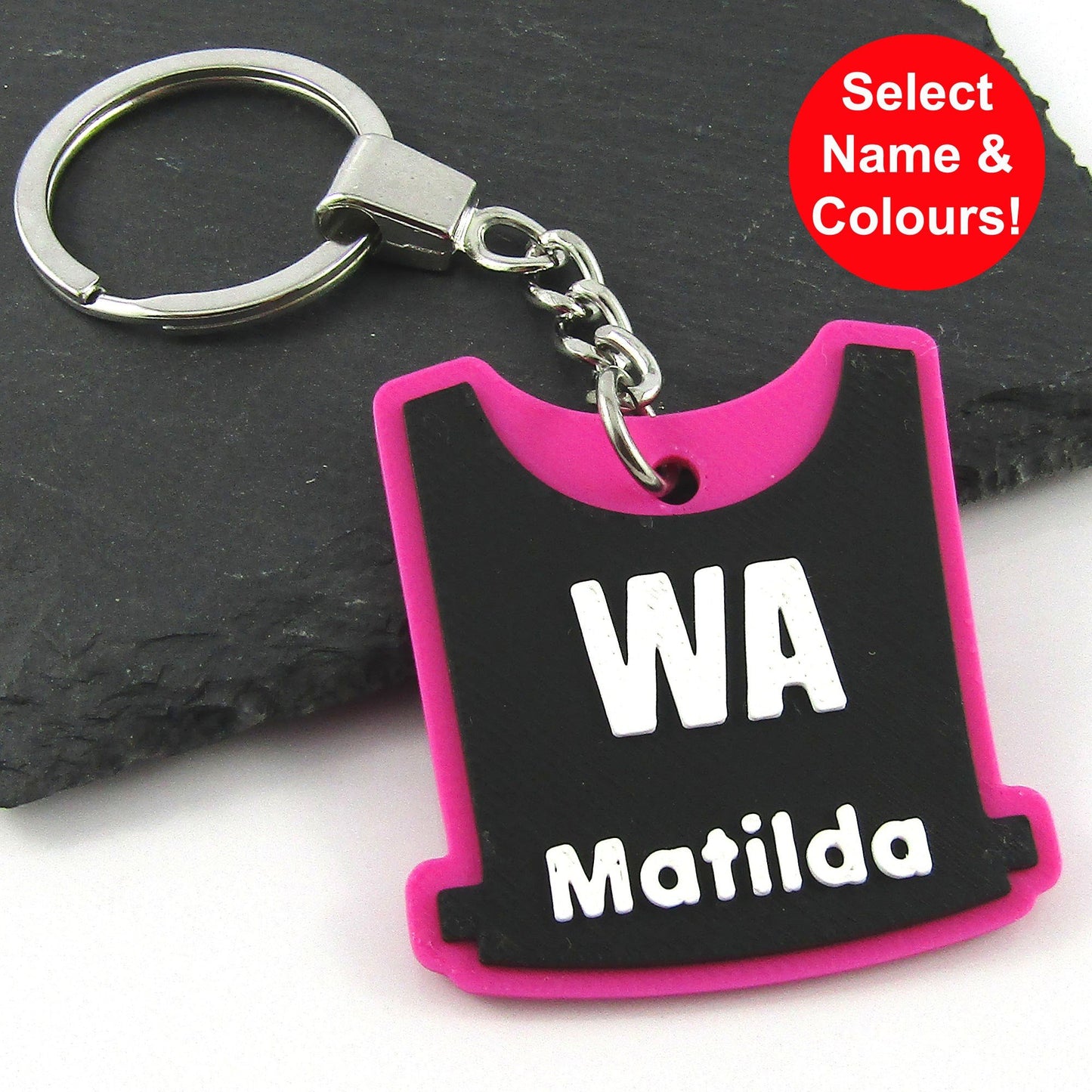 Netball Bib keychain bagtag gift with name and position and choice of colours