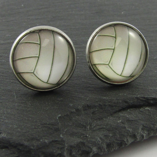 Glass Dome Volleyball Netball Stud Earrings 15mm Stainless Steel Comfort Backs