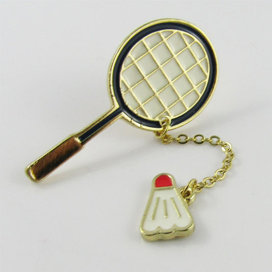 Enamel Badminton Collar Pin Brooch Badge with Shuttlecock Chain Dangle