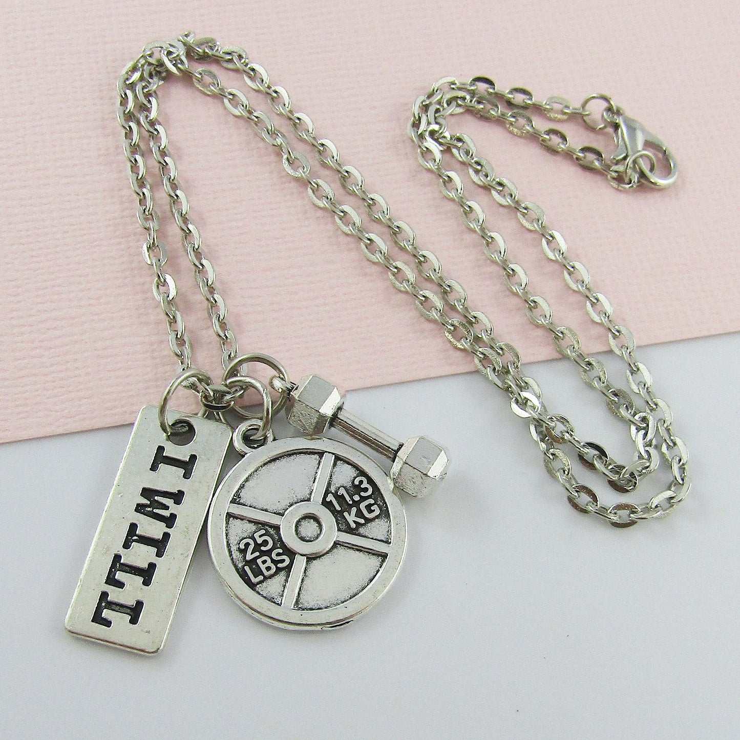 I Will Weightlifting 25lb Weight Dumbbell Fitness charm Necklace
