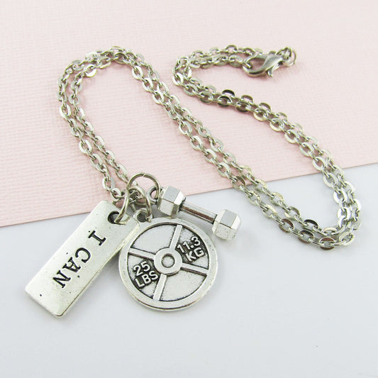 I Can Weightlifting 25lb Weight Dumbbell Fitness charm Necklace