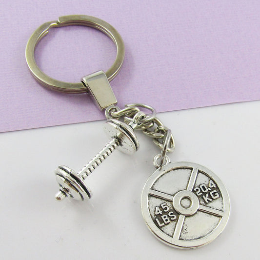 Weight Lifter Keychain Key Ring Gym Bodybuilding Dumbbell and 45lb Weight Gift