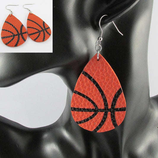 PU Leather Basketball Charm Statement Earrings Stainless Steel Hooks 84mm