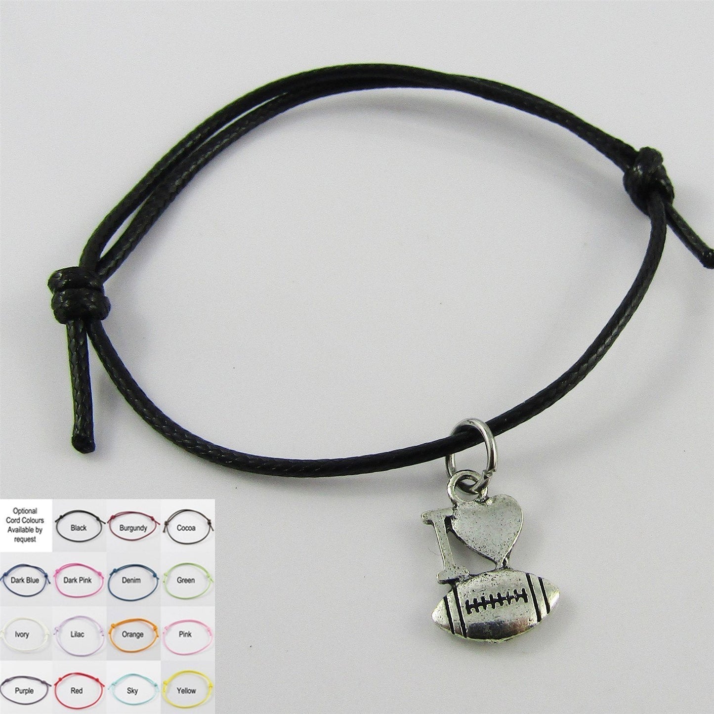 I Love FOOTBALL Charm Bracelet Adjustable Unisex Sports Team Gift Pick Colour