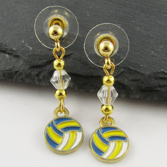 Beaded Enamel Netball Charm Dangel Stud Earrings 32mm SS Studs Comfort Backs