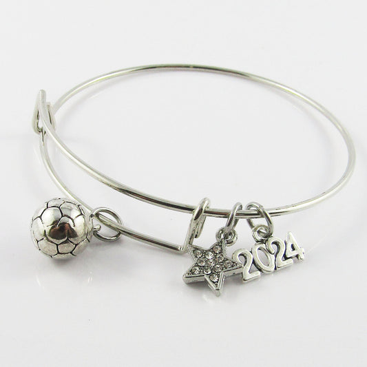 2024 3D Soccer Star Charm Bangle Bracelet with Rhinestone Star