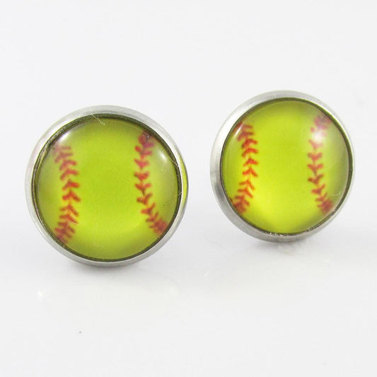 Glass Cover Softball Stud Earrings 14mm Stainless Steel