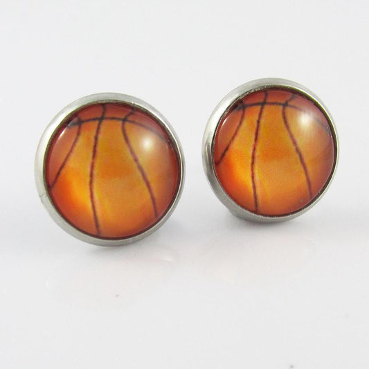 Glass Cover Basketball Stud Earrings 14mm Stainless Steel
