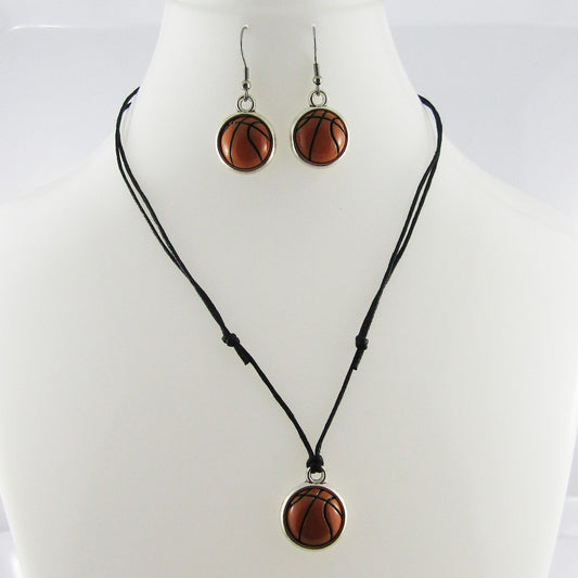 2pce Resin Cabochon Basketball Necklace and Earring Set Sports Gift